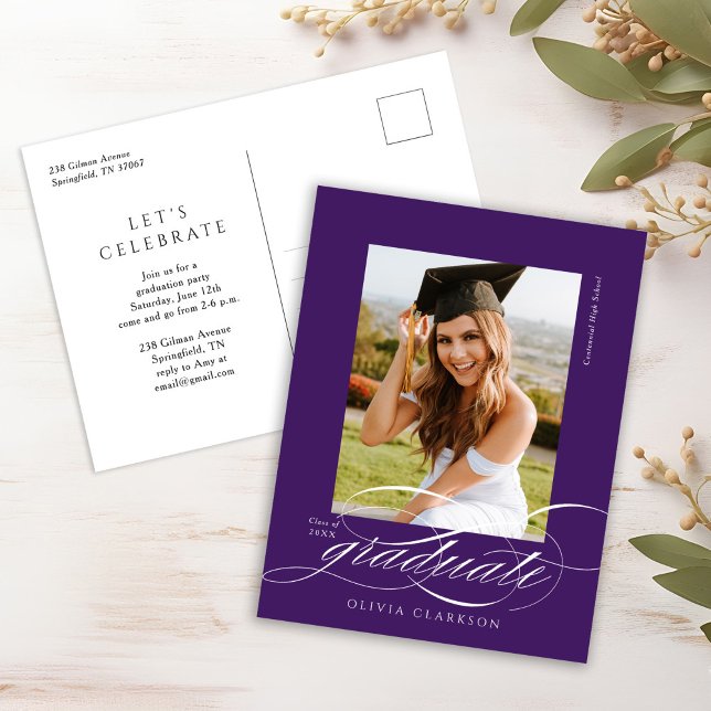 Purple Elegant Script Graduation Party Invitation Postcard (Creator Uploaded)