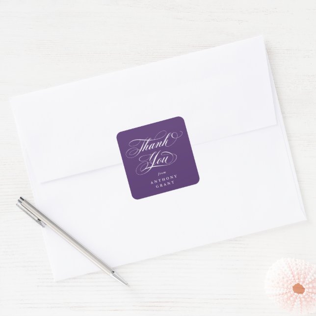 Purple Elegant Script Graduation Thank You Square Sticker (Envelope)