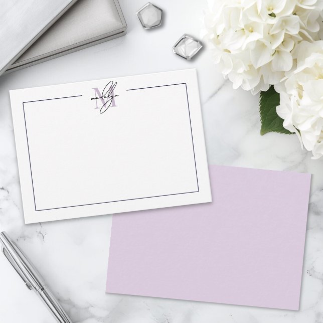 Purple Elegant Script Monogram Card (Simple Script Minimalist Purple Name Monogram Note Card )