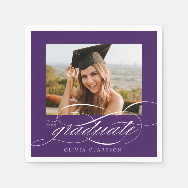 Purple Elegant Script Photo Graduation Party Napkin (Front)