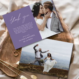 Purple Elegant Script Photo Wedding Thank You Card