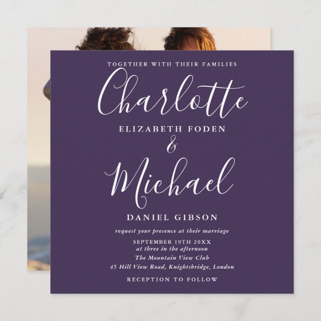 Purple Elegant Script Wedding Photo Invitation (Front/Back)