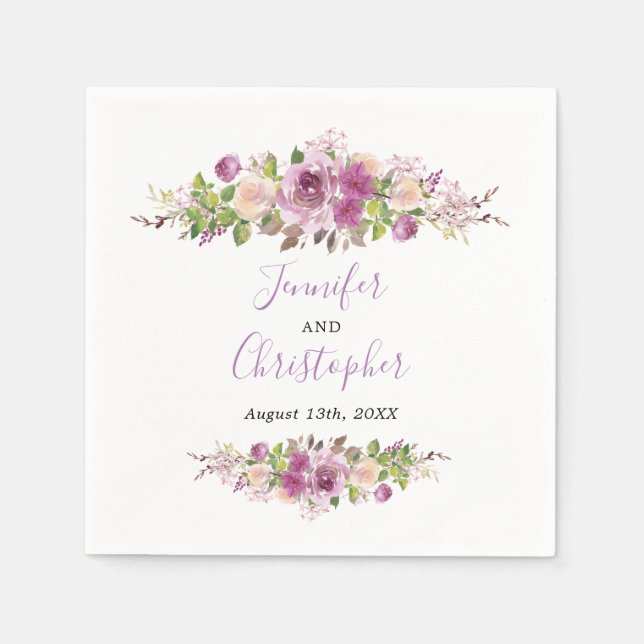 Purple Elegant Watercolor Floral Wedding Napkin (Front)