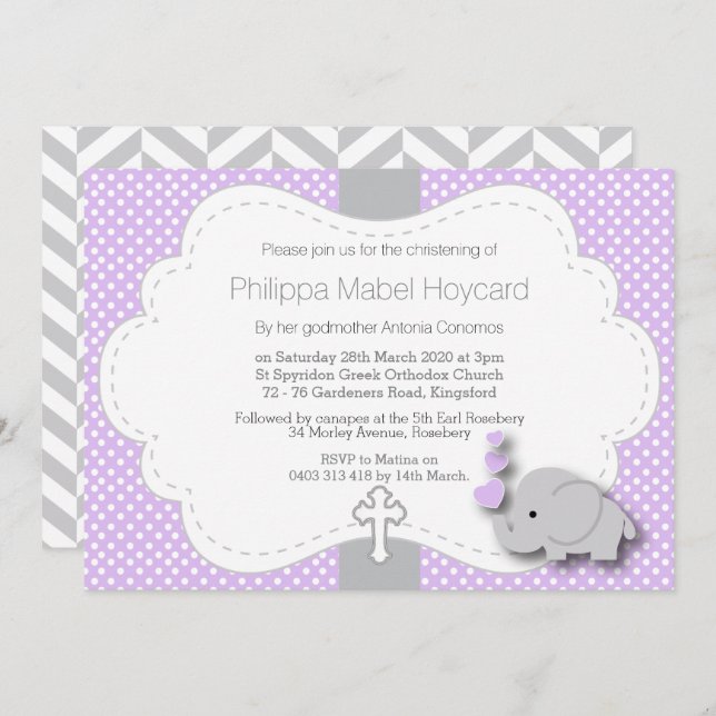 Purple - Elephant 🐘 Baby - Christening Invitation (Front/Back)