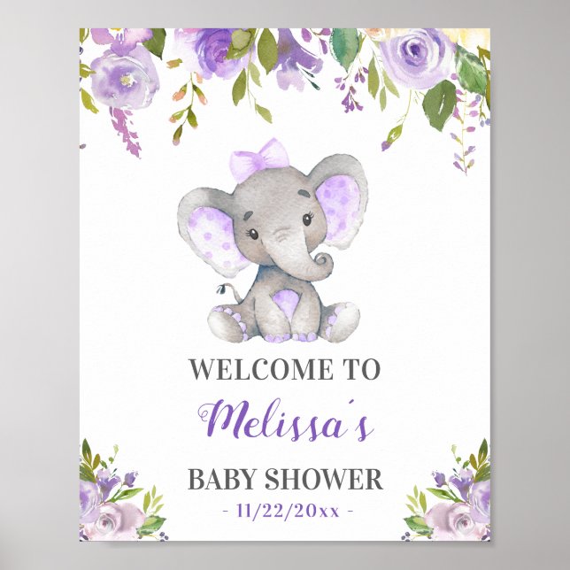 Purple Elephant Baby Girl Shower Sprinkle Welcome Poster (Front)