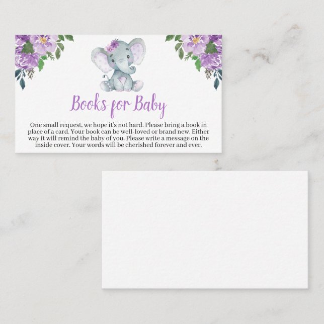 Purple Elephant Baby Shower Books for Baby Business Card (Front/Back)
