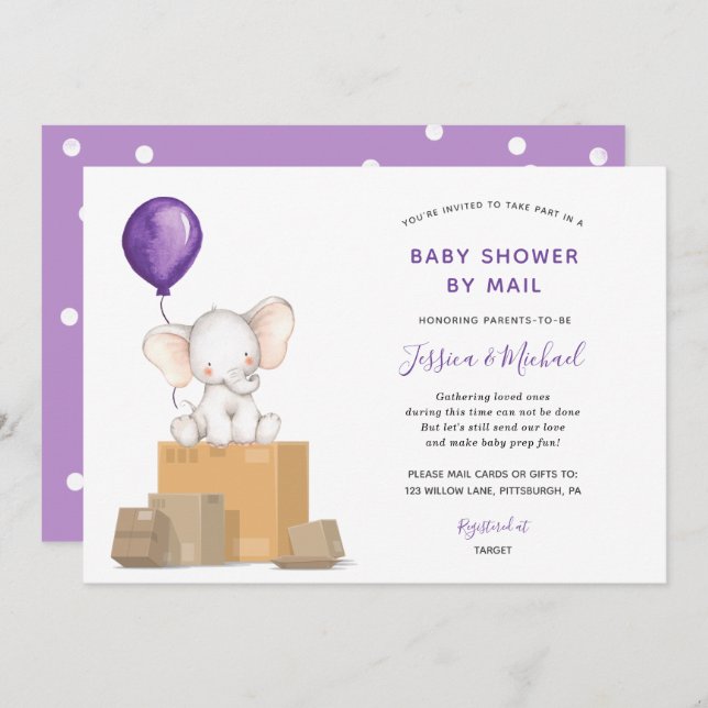 Purple Elephant Baby Shower by Mail invitation (Front/Back)