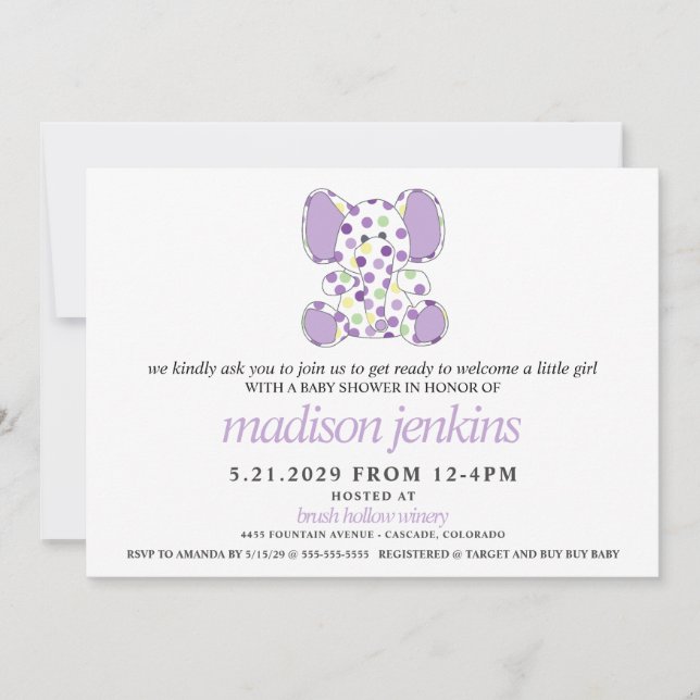 Purple Elephant Baby Shower Invitation (Front)