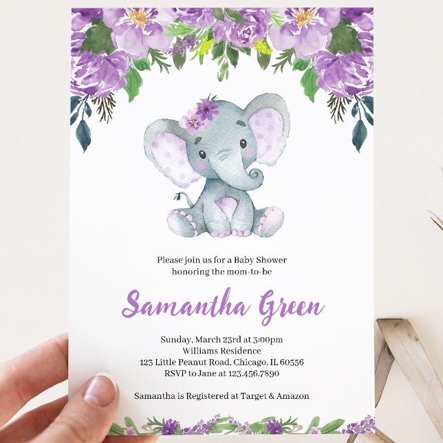 Purple Elephant Baby Shower Invitation (Creator Uploaded)