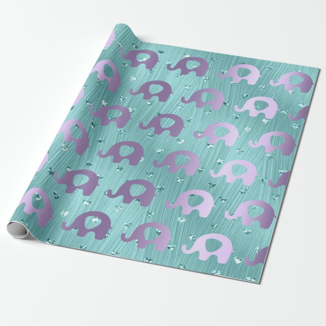 Purple Elephant Baby Shower Princess Heart Wrapping Paper (Unrolled)