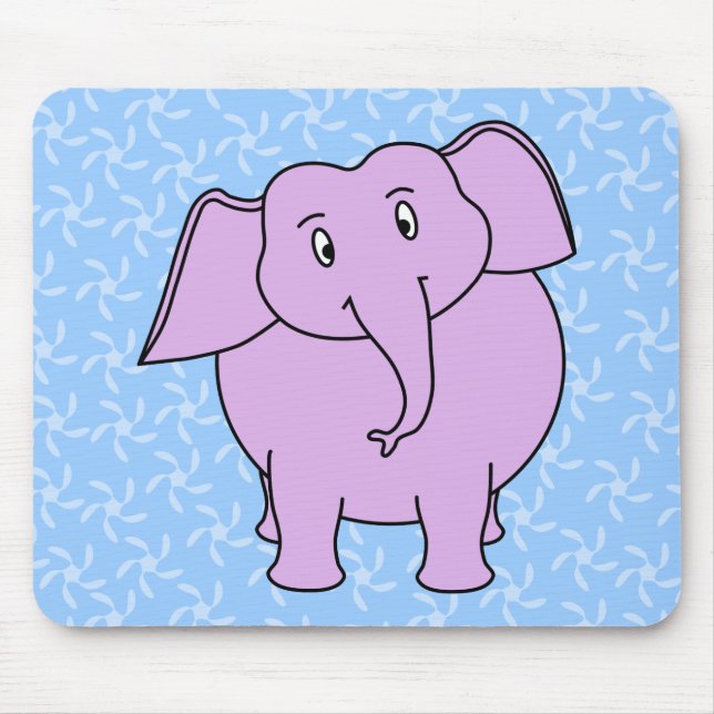 Purple Elephant Cartoon. Blue Floral Background. Mouse Pad (Front)