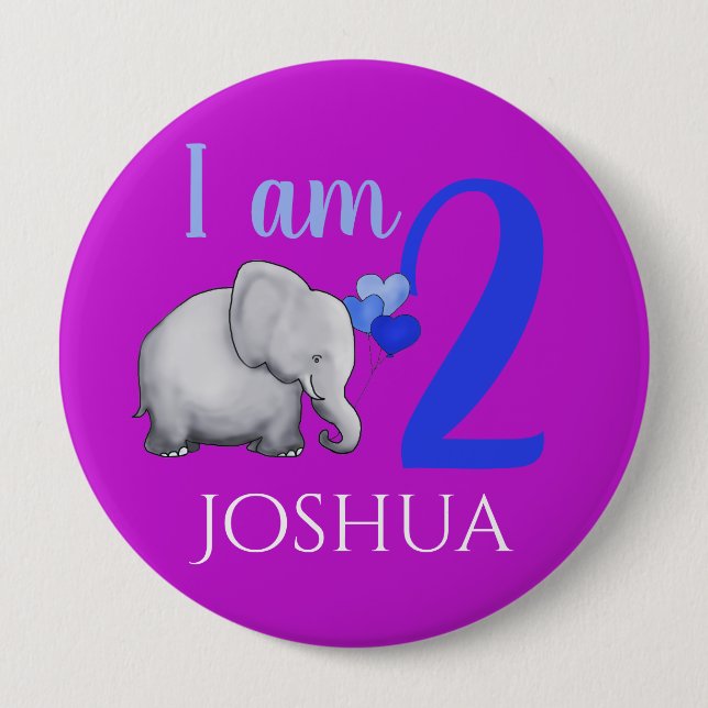 Purple Elephant Custom Name & Age 2nd Birthday 10 Cm Round Badge (Front)