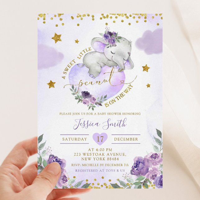 Purple Elephant Dreamy Little Peanut Baby Shower Invitation (Creator Uploaded)