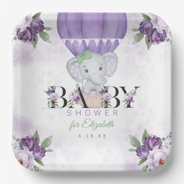 Purple Elephant Hot Air Balloon Baby Shower Paper Plate (Front)