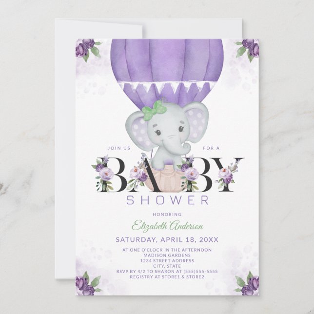 Purple Elephant Hot Air Balloon Floral Baby Shower Invitation (Front)