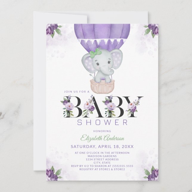 Purple Elephant Hot Air Balloon Floral Baby Shower Invitation (Front)