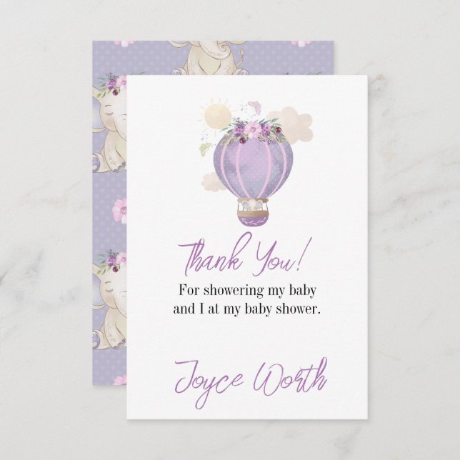 Purple elephant hot air balloon thank you card (Front/Back)