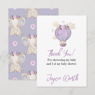 Purple elephant hot air balloon thank you card