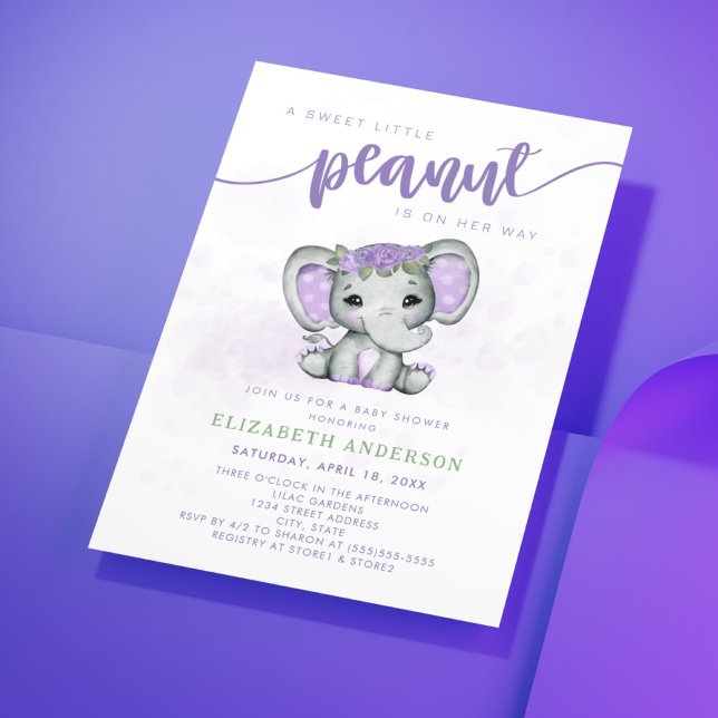 Purple Elephant Little Peanut Girl Baby Shower Invitation (Creator Uploaded)