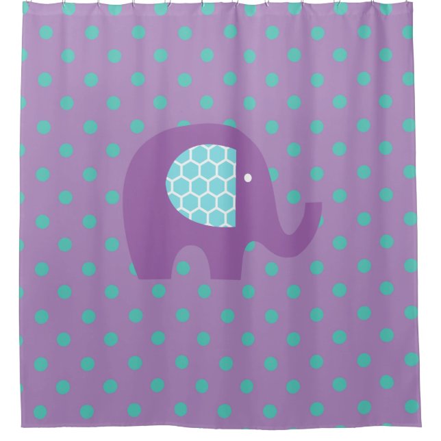 Purple Elephant on Lavender and Turquoise Dots Shower Curtain (Front)