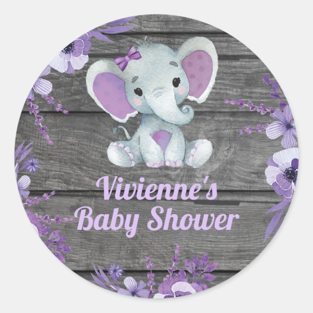 Purple Elephant Rustic Plate for Shower Birthday Classic Round Sticker (Front)