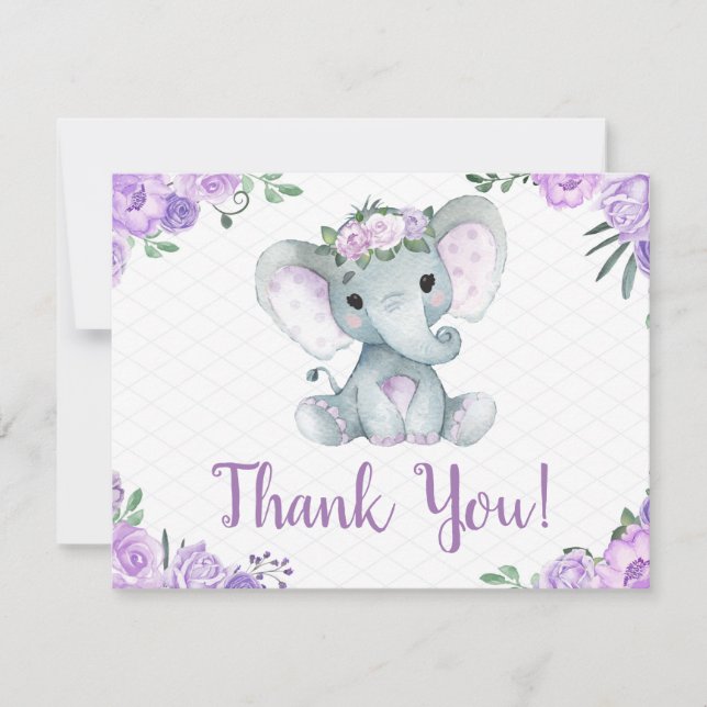 Purple Elephant Thank you Card Roses Girl  (Front)