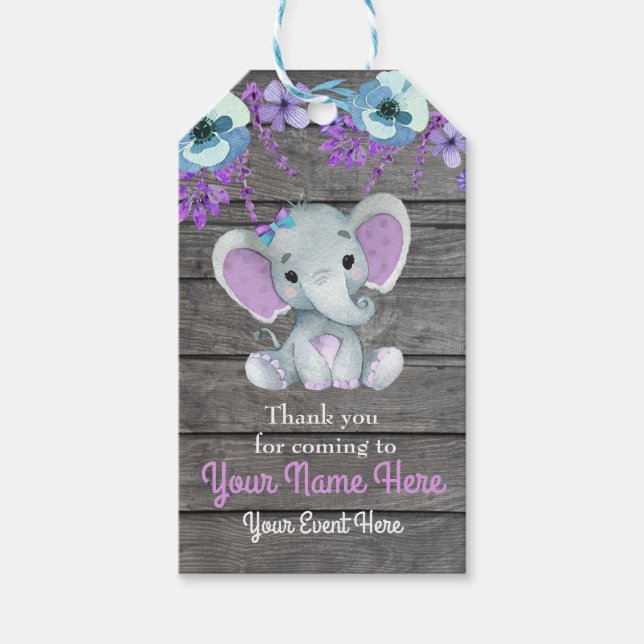 Purple Elephant Thank You Tag Rustic Flowers (Front)