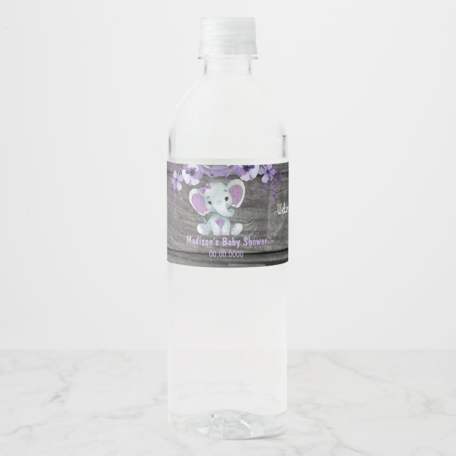 Purple Elephant water bottle label for girl (Front)