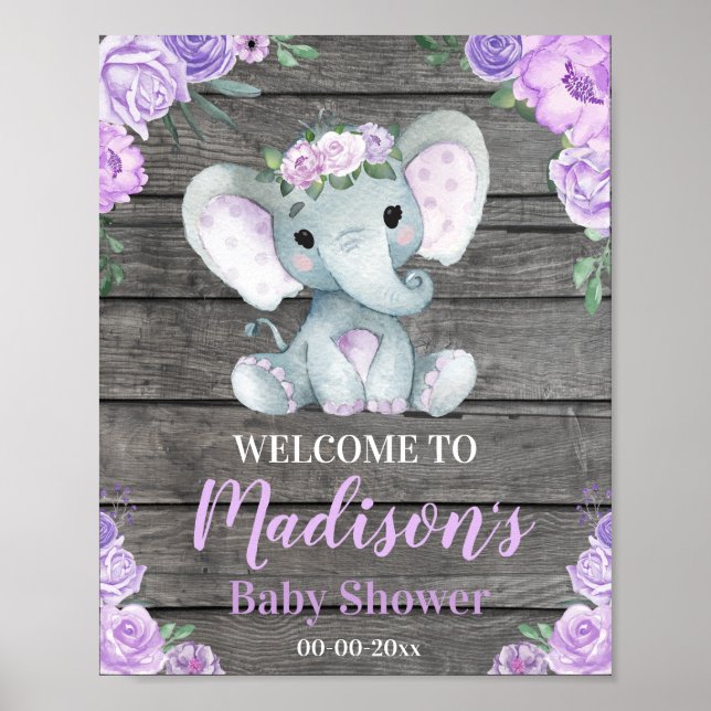 Purple Elephant Welcome Sign, Girl Roses Shower Poster (Front)