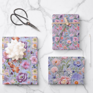 Purple Embroidery Floral Wrapping Paper Sheet