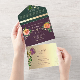 Purple Emerald Green Jewel Tone Wedding All In One Invitation