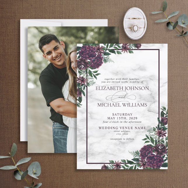 Purple Emerald Green Watercolor Marble Photo Invitation (Creator Uploaded)