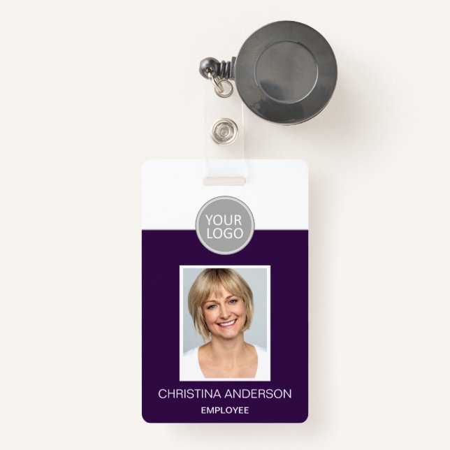 Purple Employee Name Logo Photo Corporate Work ID Badge (Front with Retractable)