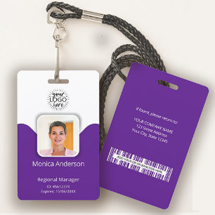 Purple Employee Photo ID Name QR Bar Code ID Badge