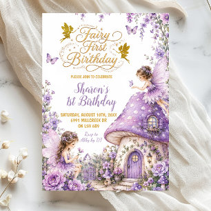 Purple Enchanted Forest Fairy First Birthday Invitation