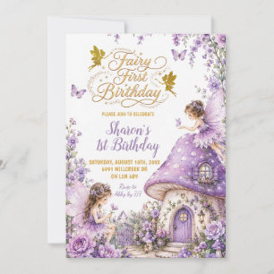 Purple Enchanted Forest Fairy First Birthday Invitation
