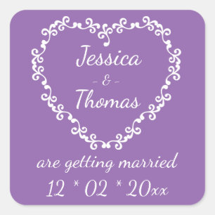 Purple Engagement Save The Date Heart Wedding Square Sticker