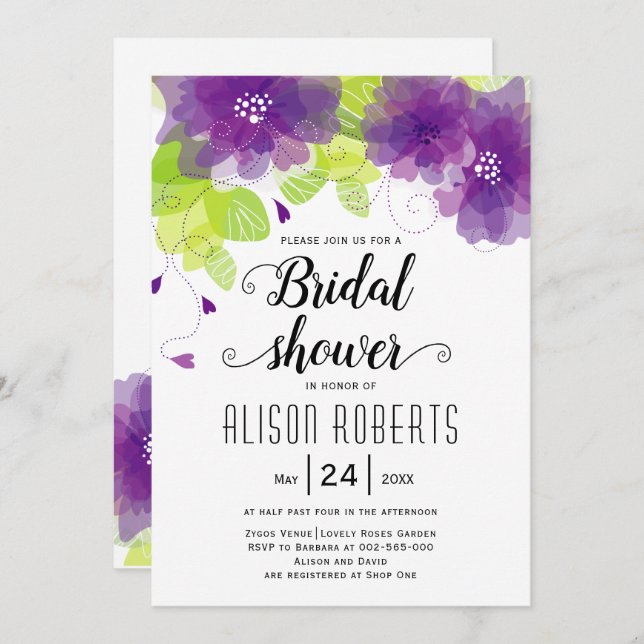 Purple ethereal flowers wedding bridal shower invitation (Front/Back)