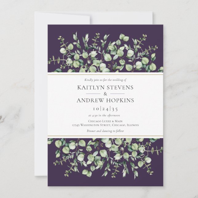 Purple Eucalyptus All In One Wedding Invitation (Front)