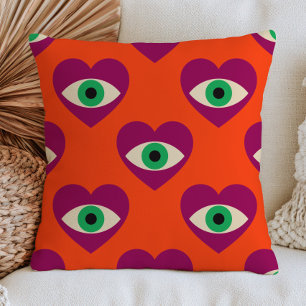 Purple Evil Eye Hearts on Burnt Orange Funky Cushion