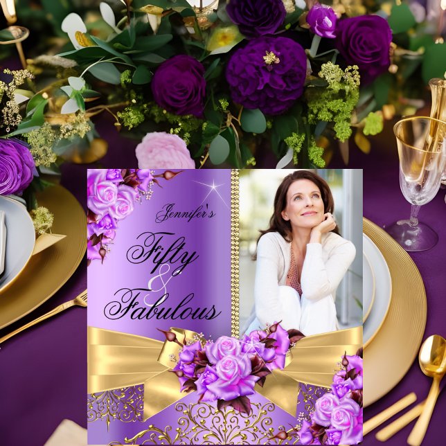 Purple Fabulous 50 Photo Gold Rose Bow Birthday Invitation (Creator Uploaded)