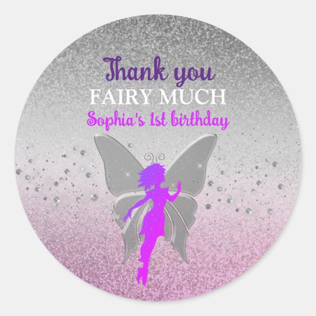 Purple Fairy 1st Birthday Thank You Classic Round Sticker (Front)