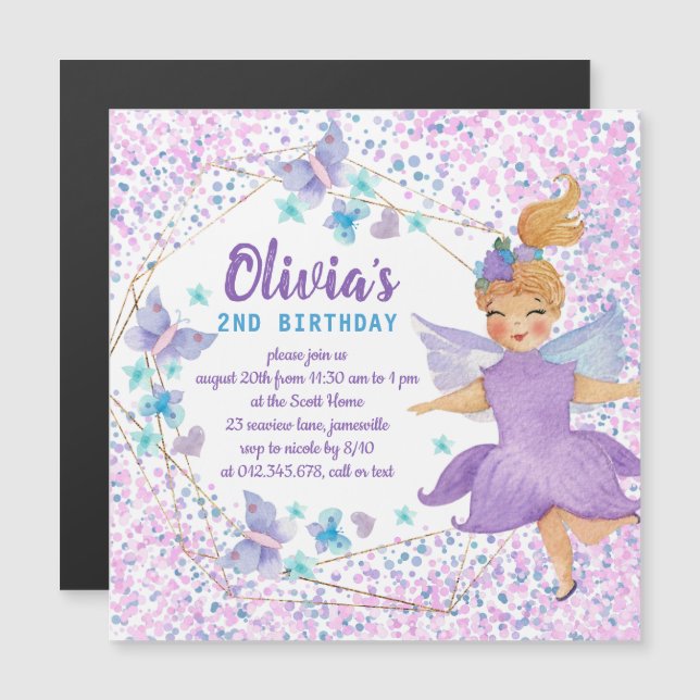Purple Fairy Butterfly Heart Confetti Birthday Magnetic Invitation (Front/Back)