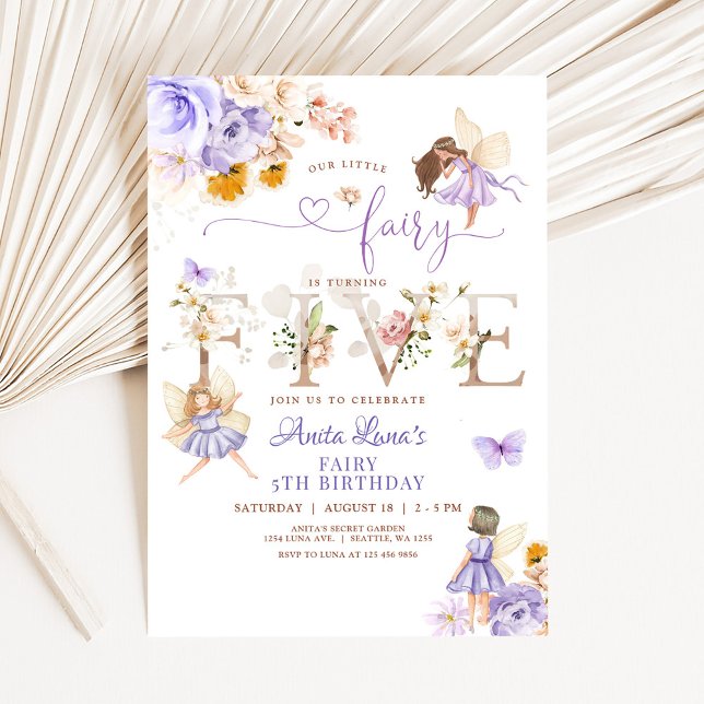 Purple Fairy Butterfly Magical Floral 5th Birthday Invitation (Creator Uploaded)