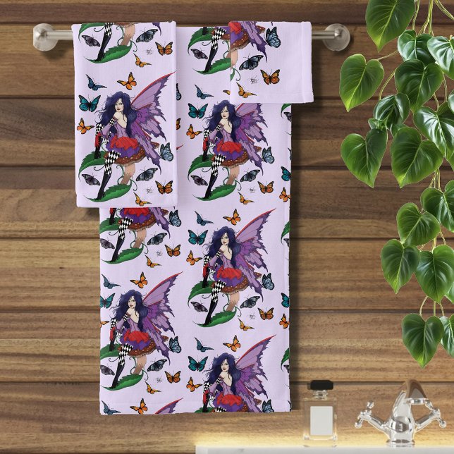 Purple Fairy Mushroom Butterflies Bath Towel Set (Creator Uploaded)