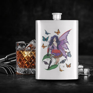 Purple Fairy Mushroom Butterflies Hip Flask