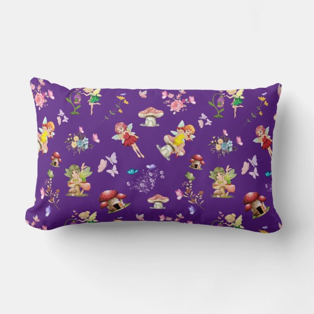 Purple Fairy Mushroom House Themed Lumbar Cushion (Front)