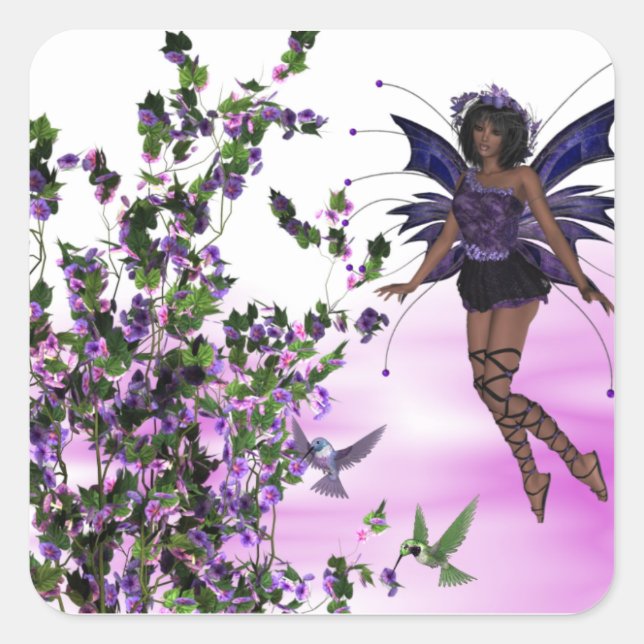 Purple Fairy with Hummingbirds Square Stickers (Front)