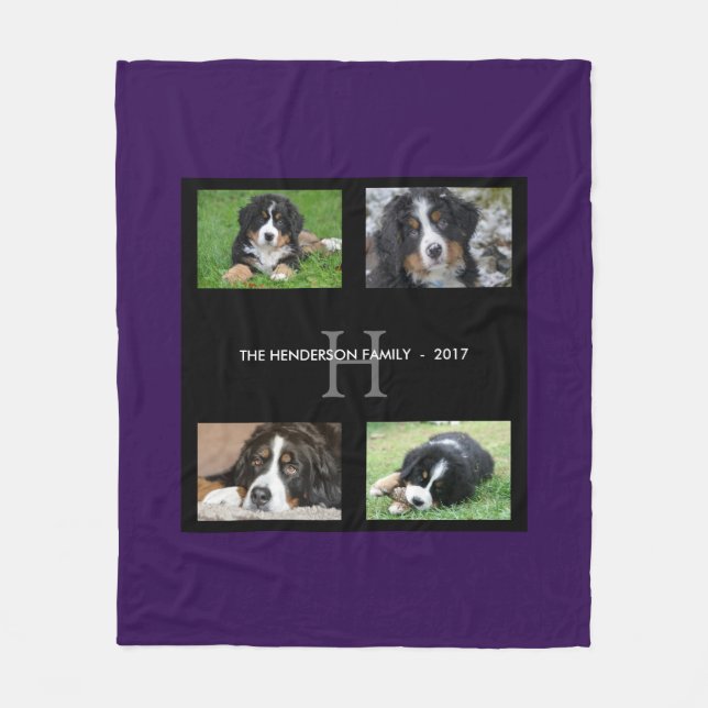 Purple family pets kids monogram  4 photo collage fleece blanket (Front)