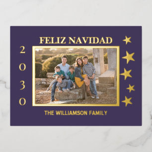 Purple Family Photo Feliz Navidad Gold Foil  Holiday Postcard